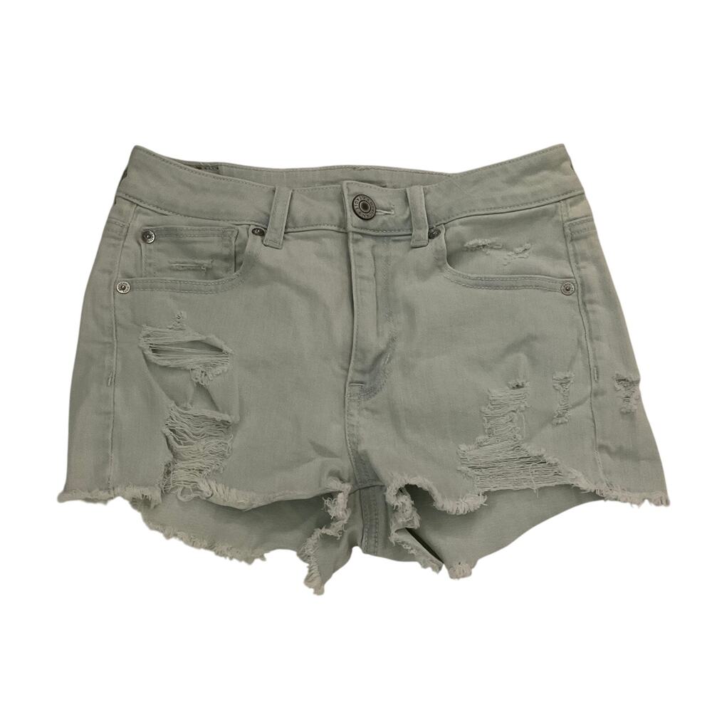 American Eagle Hi Rise Shortie Light Wash Distressed Denim Shorts - Size 2‎